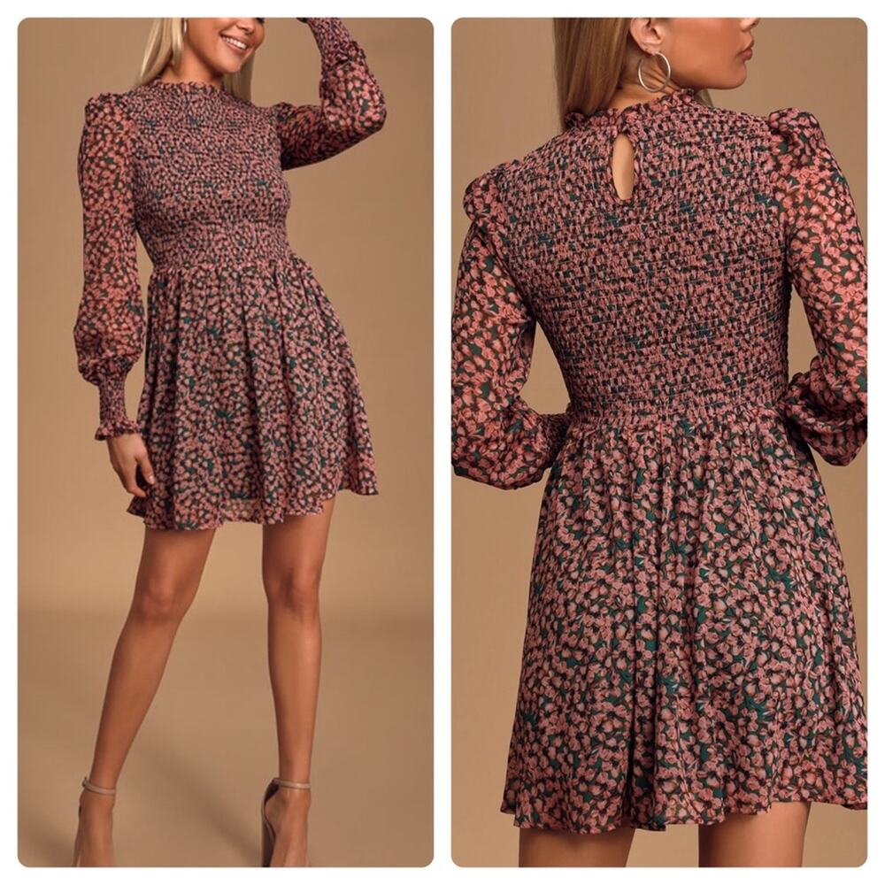 Lulus Floral Forever Green and Pink Floral Print Smocked Skater Dress